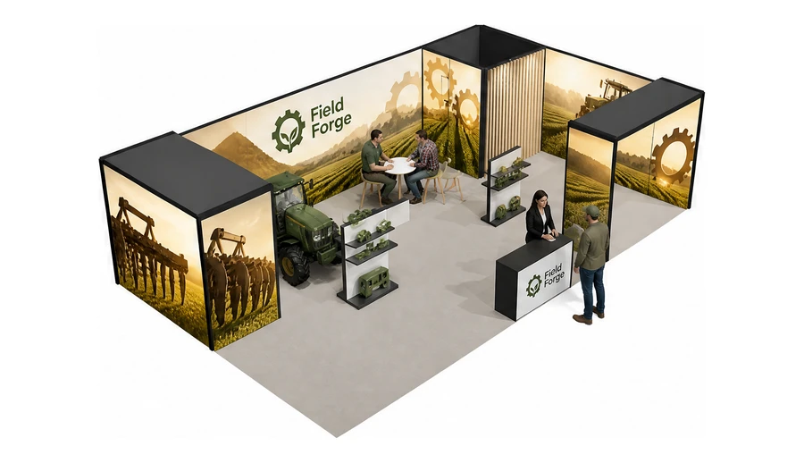 Stoisko 10 × 6 m narożne prawe dla branży maszyny rolnicze, przykładowa marka Field Forge