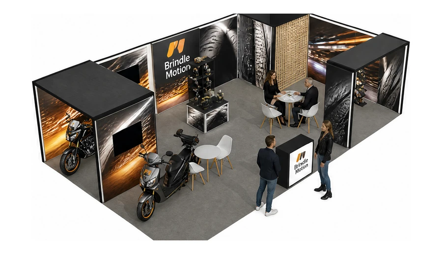 Stoisko 10 × 6 m narożne prawe dla branży motocykle i skutery, przykładowa marka Brindle Motion