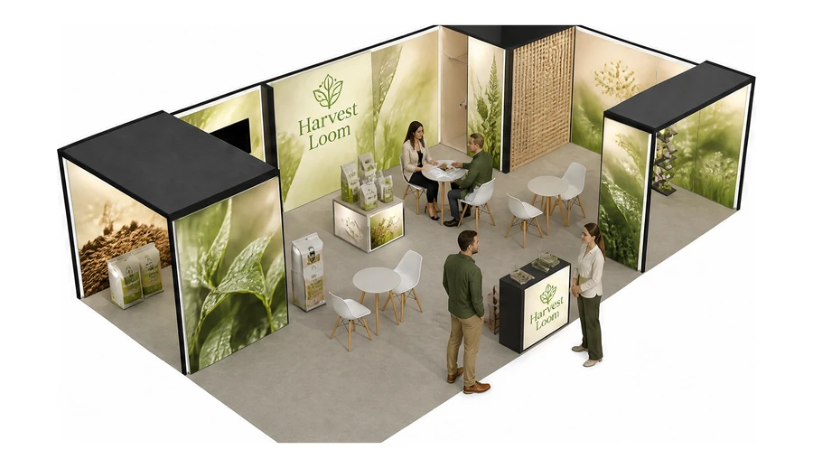 Stoisko 10 × 6 m narożne prawe dla branży nawozy i ochrona roślin, przykładowa marka Harvest Loom
