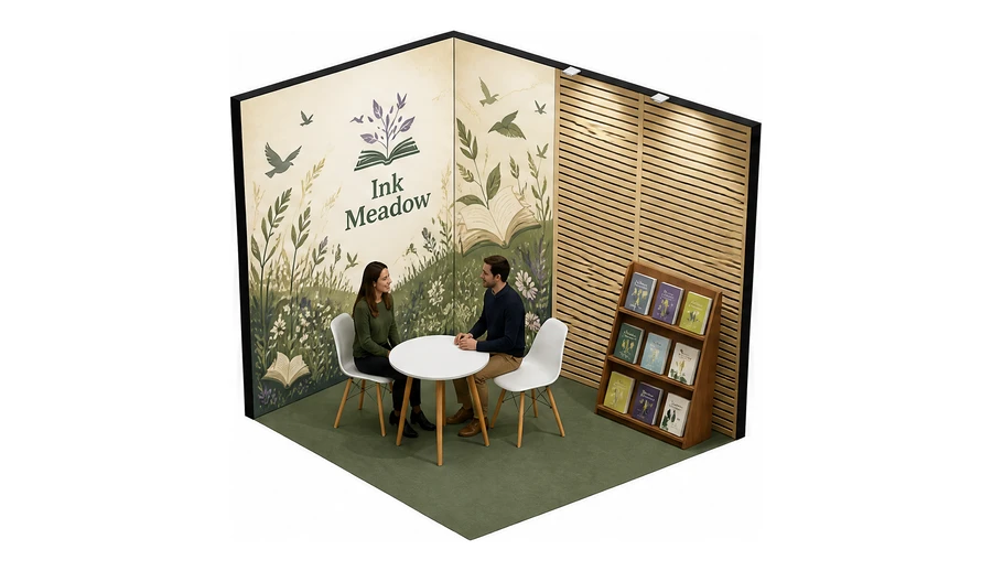 Stoisko 2 × 2 m narożne prawe dla branży wydawnictwa, przykładowa marka Ink Meadow