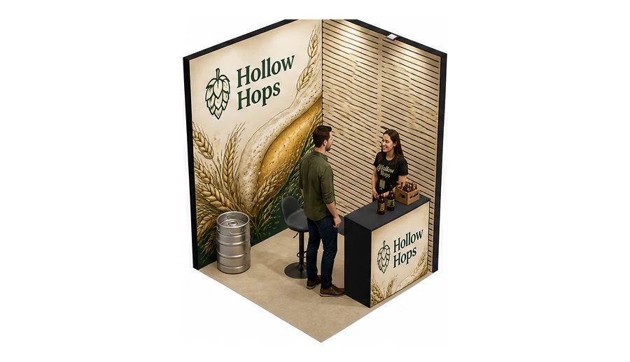 Stoisko 2 × 2 m narożne prawe dla branży browar rzemieślniczy, przykładowa marka Hollow Hops