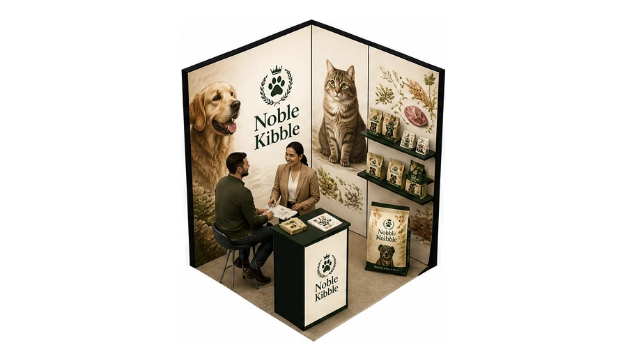 Stoisko 2 × 2 m narożne prawe dla branży karma dla zwierząt, przykładowa marka Noble Kibble