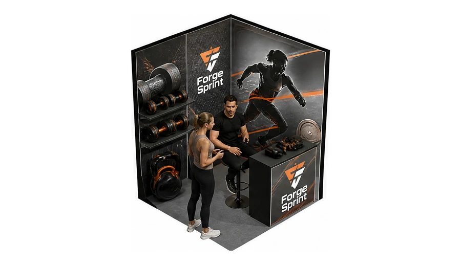 Stoisko 2 × 2 m narożne prawe dla branży fitness i siłownie, przykładowa marka Forge Sprint