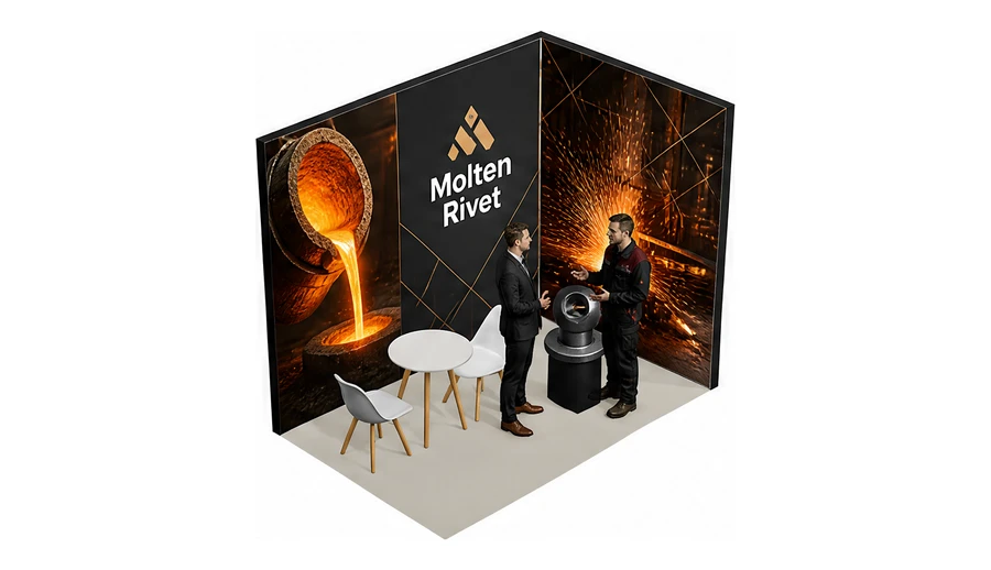 Stoisko 3 × 2 m narożne prawe dla branży obróbka metali i odlewnictwo, przykładowa marka Molten Rivet