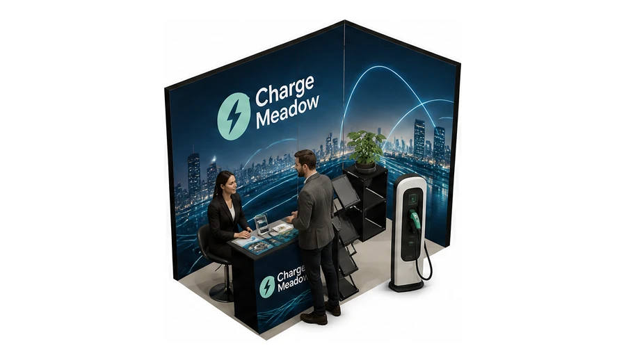 Stoisko 3 × 2 m narożne prawe dla branży elektromobilność i ładowarki, przykładowa marka Charge Meadow