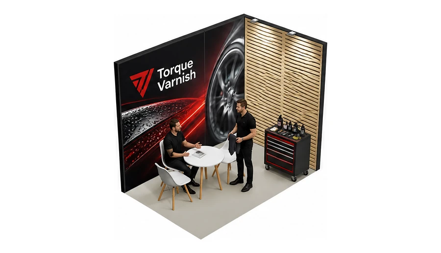 Stoisko 3 × 2 m narożne prawe dla branży tuning i detailing, przykładowa marka Torque Varnish