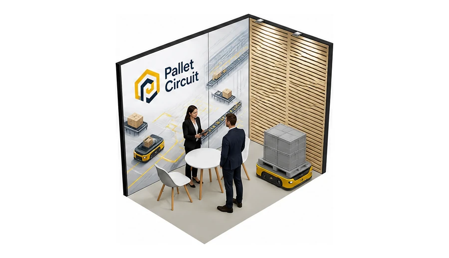Stoisko 3 × 2 m narożne prawe dla branży intralogistyka i magazyn, przykładowa marka Pallet Circuit