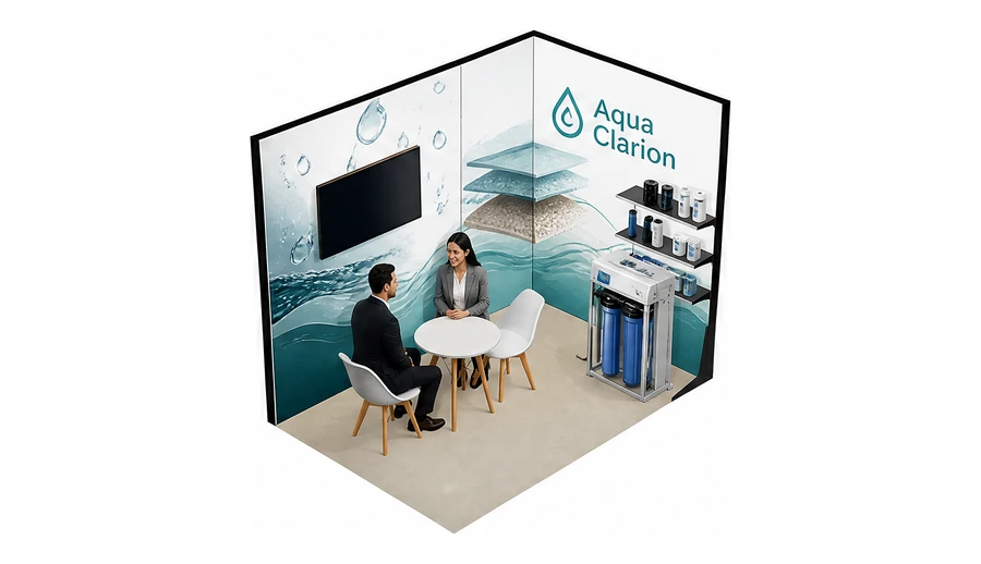Stoisko 3 × 2 m narożne prawe dla branży technologie wodne, przykładowa marka Aqua Clarion