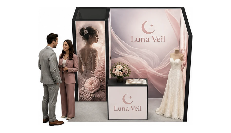 Stoisko 3 × 2 m narożne prawe dla branży branża ślubna, przykładowa marka Luna Veil