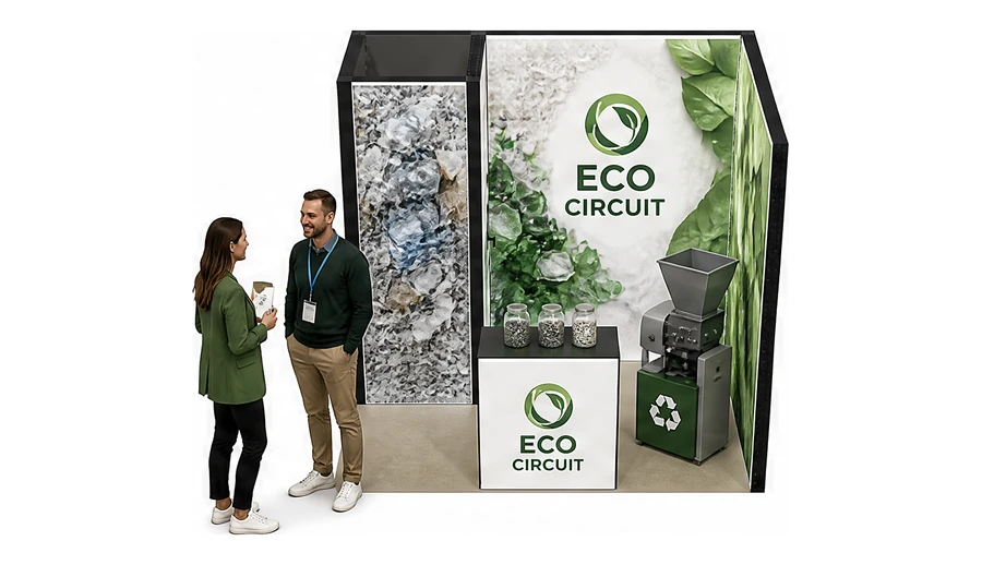 Stoisko 3 × 2 m narożne prawe dla branży recykling i ochrona środowiska, przykładowa marka Eco Circuit