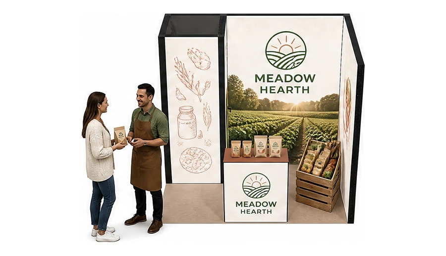 Stoisko 3 × 2 m narożne prawe dla branży żywność ekologiczna, przykładowa marka Meadow Hearth