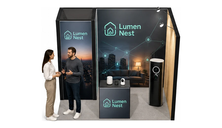 Stoisko 3 × 2 m narożne prawe dla branży smart home i IoT, przykładowa marka Lumen Nest