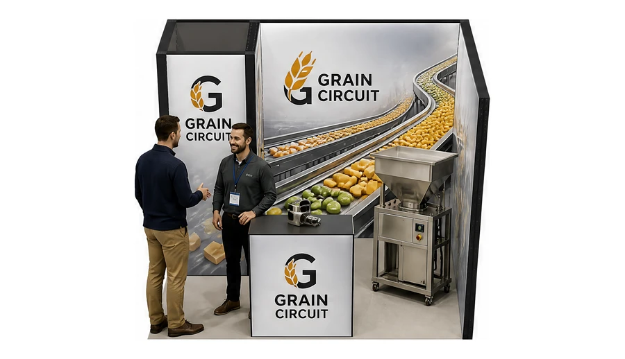 Stoisko 3 × 2 m narożne prawe dla branży technologie spożywcze, przykładowa marka Grain Circuit