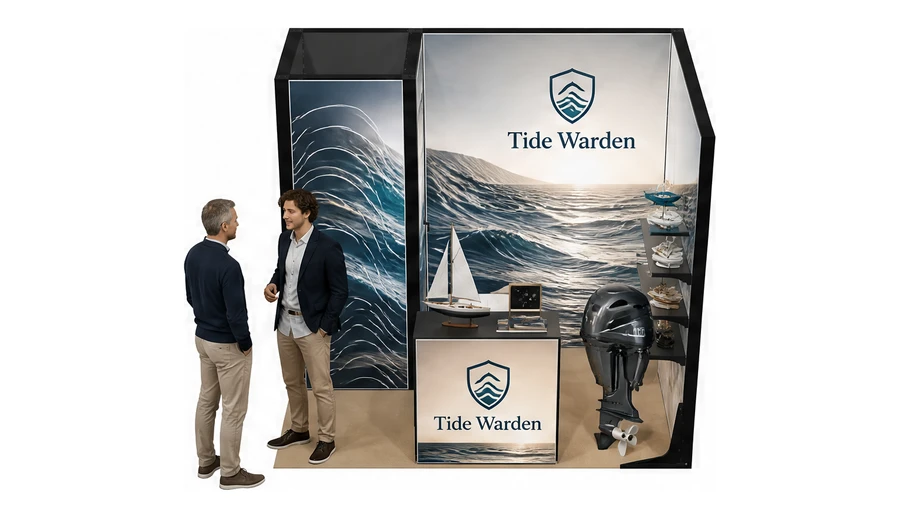 Stoisko 3 × 2 m narożne prawe dla branży jachty i łodzie, przykładowa marka Tide Warden
