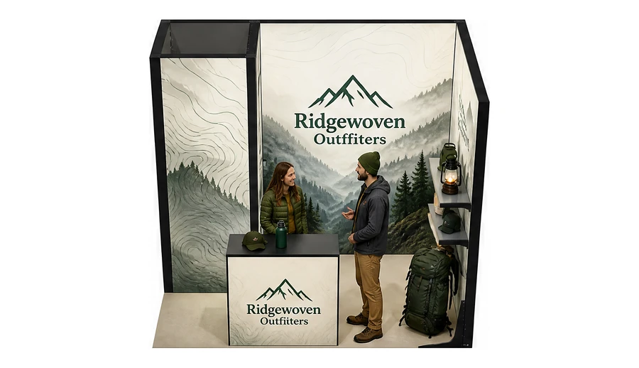 Stoisko 3 × 2 m narożne prawe dla branży odzież i sprzęt outdoorowy, przykładowa marka Ridgewoven Outfitters