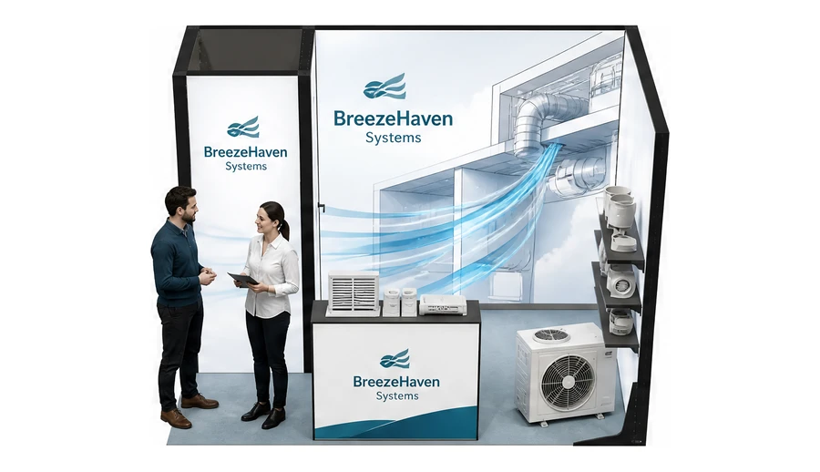 Stoisko 3 × 2 m narożne prawe dla branży wentylacja i klimatyzacja, przykładowa marka BreezeHaven Systems