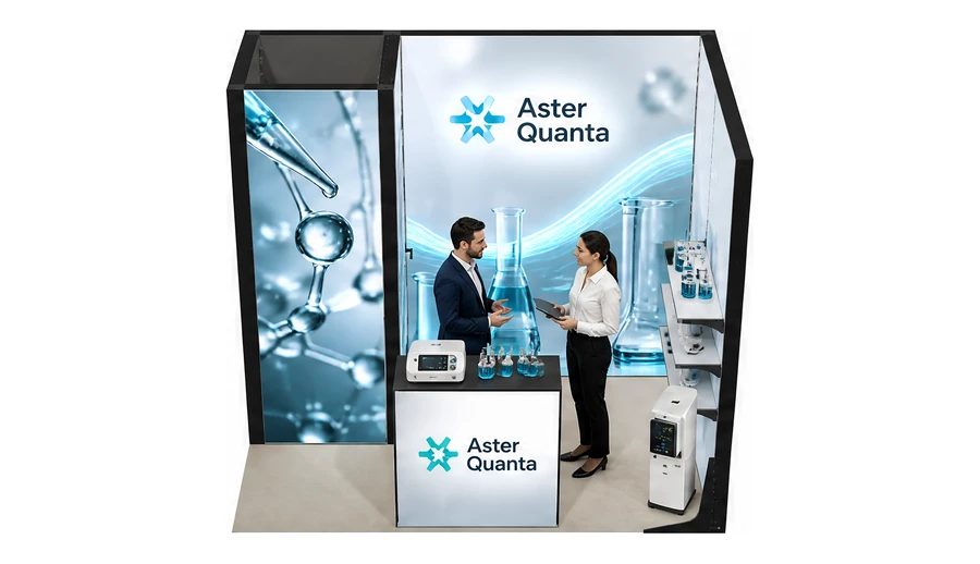 Stoisko 3 × 2 m narożne prawe dla branży sprzęt laboratoryjny, przykładowa marka Aster Quanta
