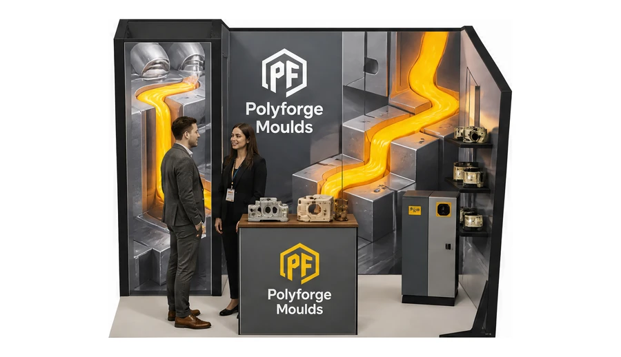 Stoisko 3 × 2 m narożne prawe dla branży przetwórstwo tworzyw, przykładowa marka Polyforge Moulds