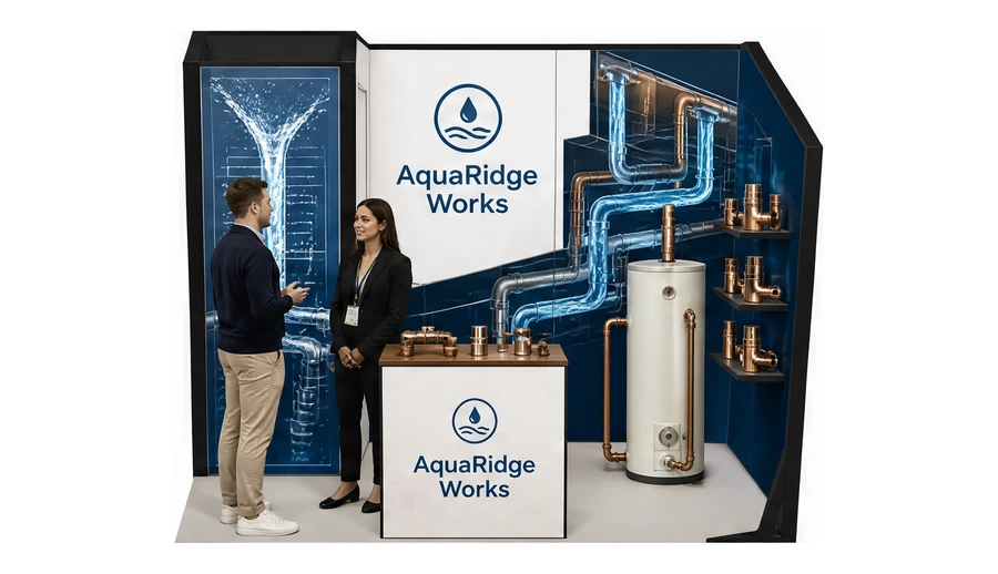 Stoisko 3 × 2 m narożne prawe dla branży instalacje wodno-kanalizacyjne, przykładowa marka AquaRidge Works
