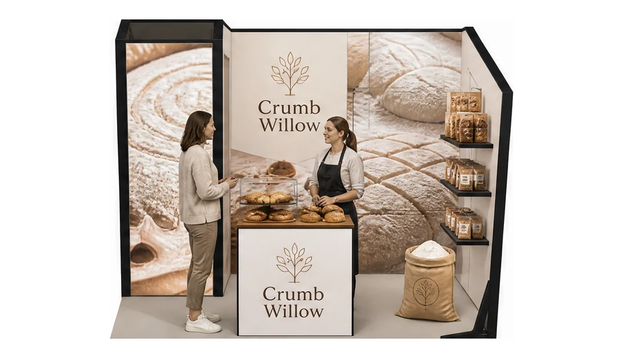 Stoisko 3 × 2 m narożne prawe dla branży piekarnictwo i cukiernictwo, przykładowa marka Crumb Willow