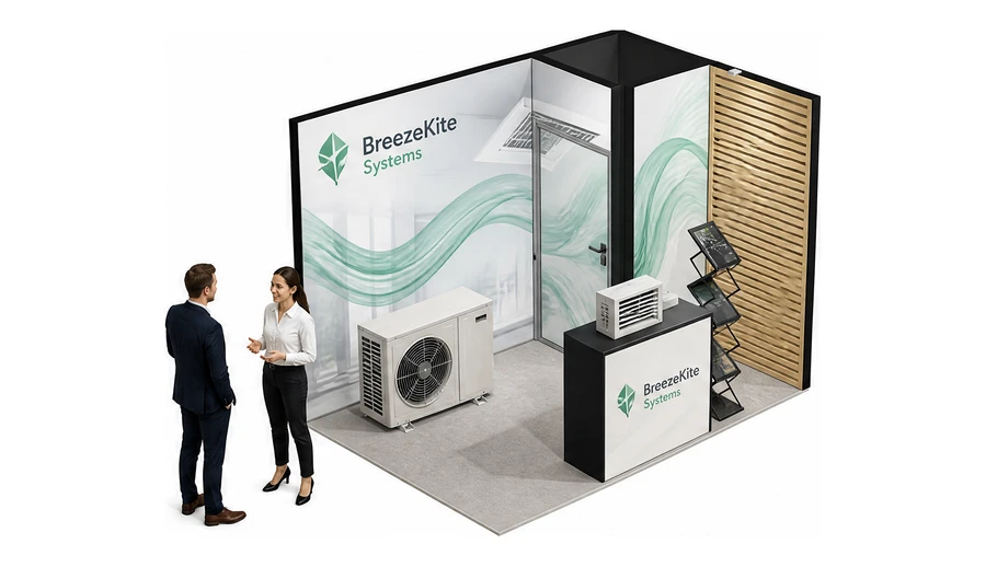Stoisko 3 × 2 m narożne prawe dla branży wentylacja i klimatyzacja, przykładowa marka BreezeKite Systems