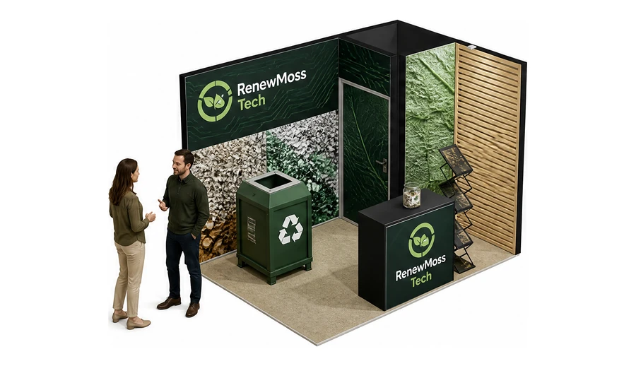 Stoisko 3 × 2 m narożne prawe dla branży recykling i ochrona środowiska, przykładowa marka RenewMoss Tech
