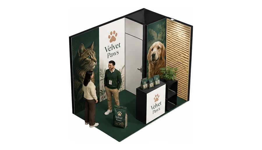 Stoisko 3 × 2 m narożne prawe dla branży karma dla zwierząt, przykładowa marka Velvet Paws