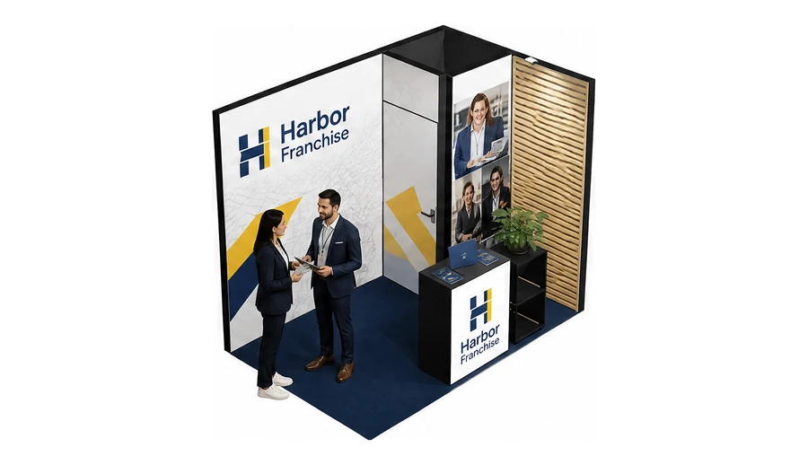 Stoisko 3 × 2 m narożne prawe dla branży franczyza i sieci, przykładowa marka Harbor Franchise
