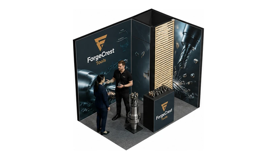 Stoisko 3 × 2 m narożne prawe dla branży obrabiarki i narzędzia, przykładowa marka ForgeCrest Tools
