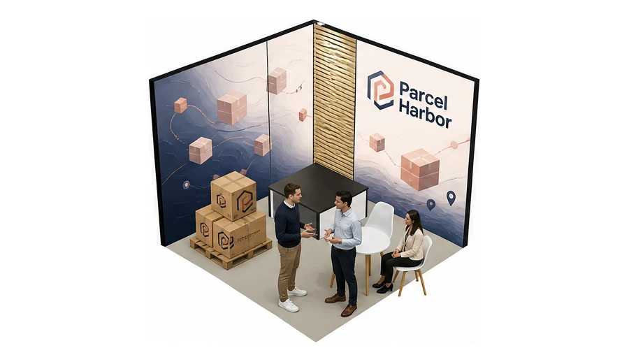 Stoisko 3 × 3 m narożne prawe dla branży e-commerce, przykładowa marka Parcel Harbor