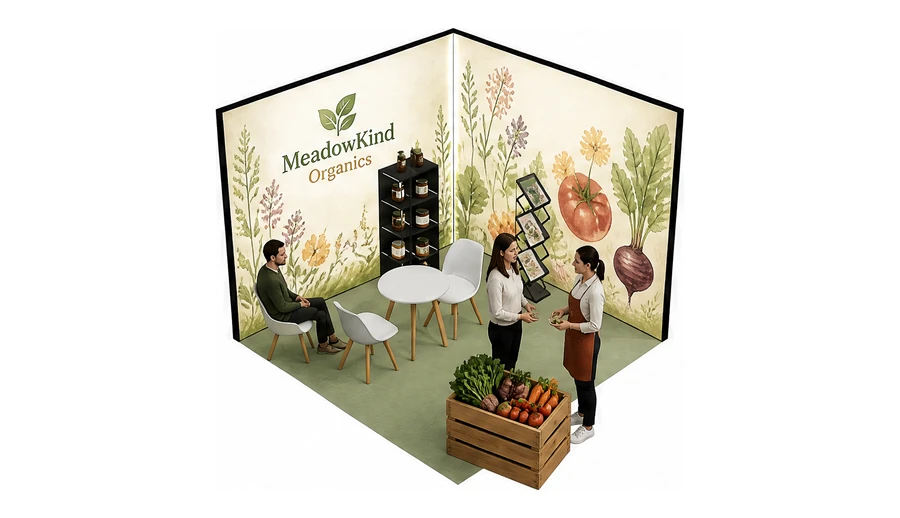 Stoisko 3 × 3 m narożne prawe dla branży żywność ekologiczna, przykładowa marka MeadowKind Organics