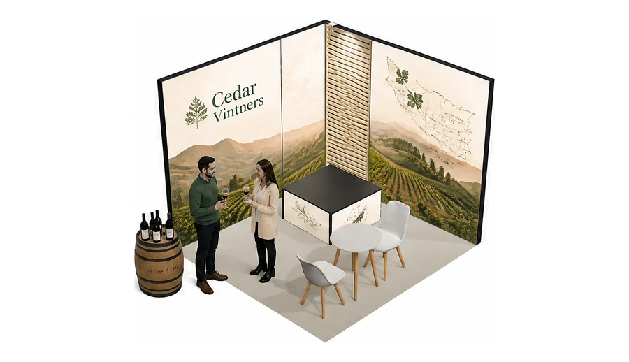 Stoisko 3 × 3 m narożne prawe dla branży winnica, przykładowa marka Cedar Vintners
