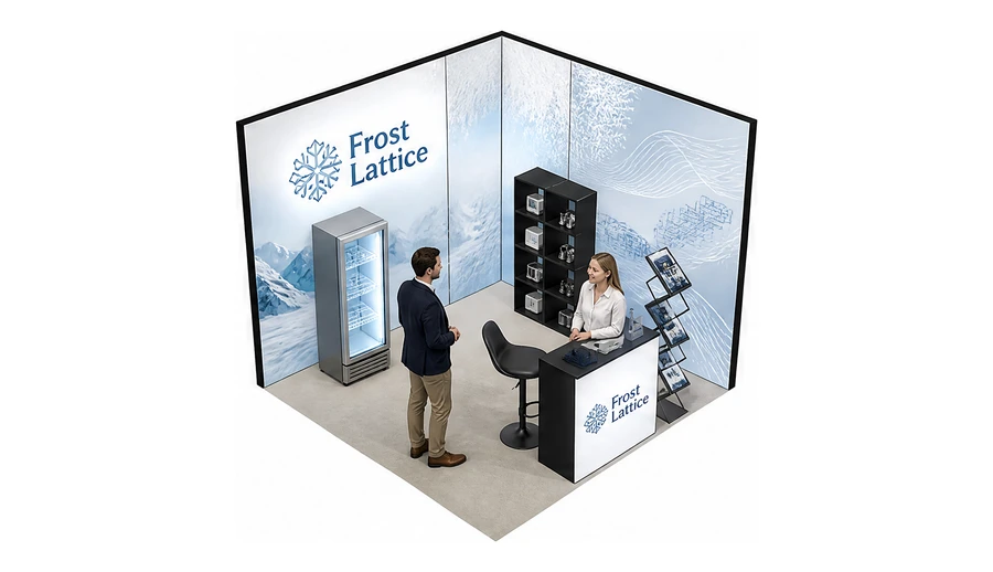 Stoisko 3 × 3 m narożne prawe dla branży łańcuch chłodniczy, przykładowa marka Frost Lattice