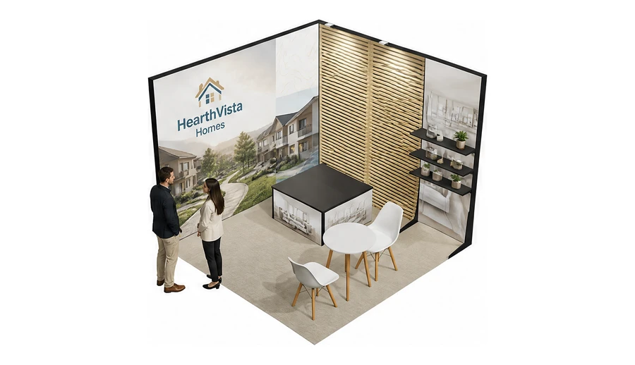 Stoisko 3 × 3 m narożne prawe dla branży deweloperzy i nieruchomości, przykładowa marka HearthVista Homes