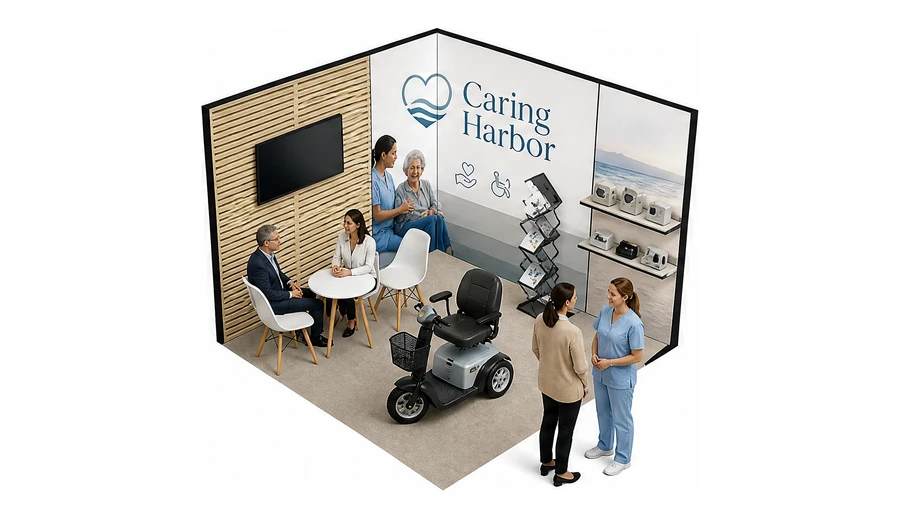 Stoisko 3 × 3 m narożne prawe dla branży opieka senioralna, przykładowa marka Caring Harbor