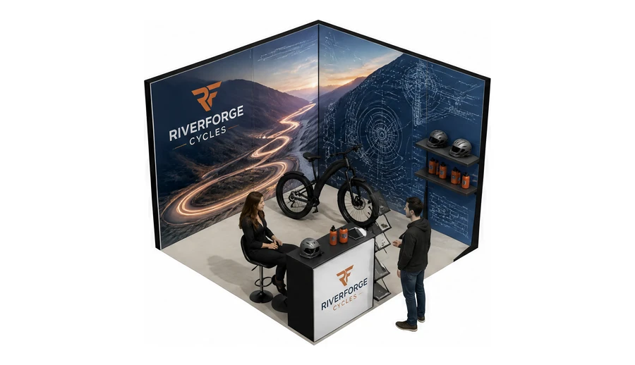 Stoisko 3 × 3 m narożne prawe dla branży rowery elektryczne, przykładowa marka Riverforge Cycles
