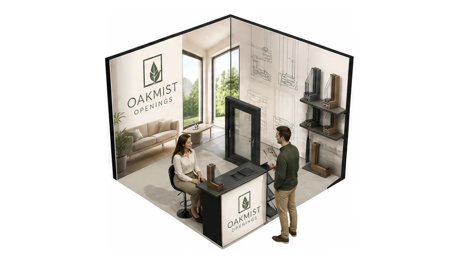 Stoisko 3 × 3 m narożne prawe dla branży okna i drzwi, przykładowa marka Oakmist Openings