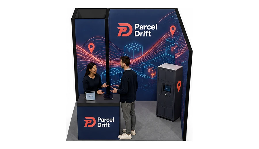 Stoisko 3 × 3 m narożne prawe dla branży e-commerce, przykładowa marka Parcel Drift