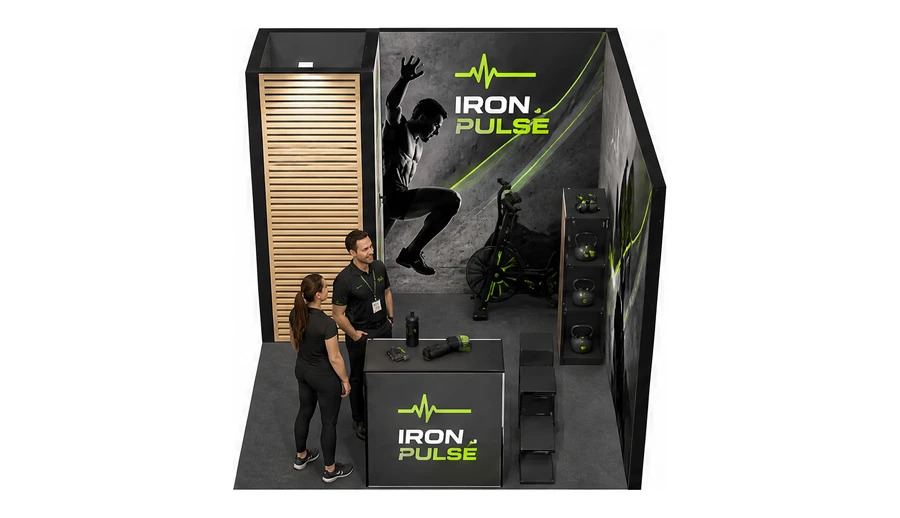 Stoisko 3 × 3 m narożne prawe dla branży fitness i siłownie, przykładowa marka Iron Pulse