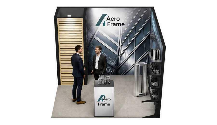 Stoisko 3 × 3 m narożne prawe dla branży profile aluminiowe, przykładowa marka Aero Frame