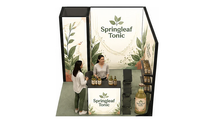Stoisko 3 × 3 m narożne prawe dla branży napoje, przykładowa marka Springleaf Tonic