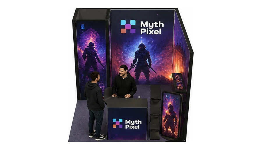 Stoisko 3 × 3 m narożne prawe dla branży gry wideo, przykładowa marka Myth Pixel