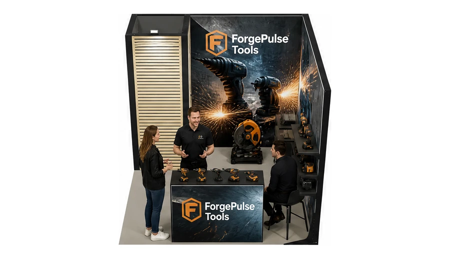 Stoisko 3 × 3 m narożne prawe dla branży elektronarzędzia, przykładowa marka ForgePulse Tools