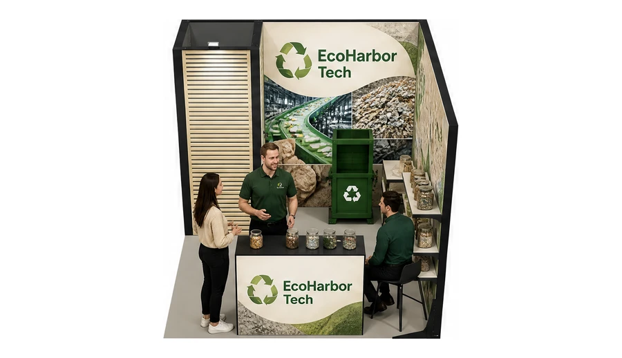 Stoisko 3 × 3 m narożne prawe dla branży recykling i ochrona środowiska, przykładowa marka EcoHarbor Tech