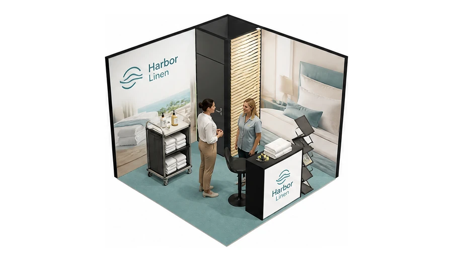 Stoisko 3 × 3 m narożne prawe dla branży wyposażenie hoteli, przykładowa marka Harbor Linen