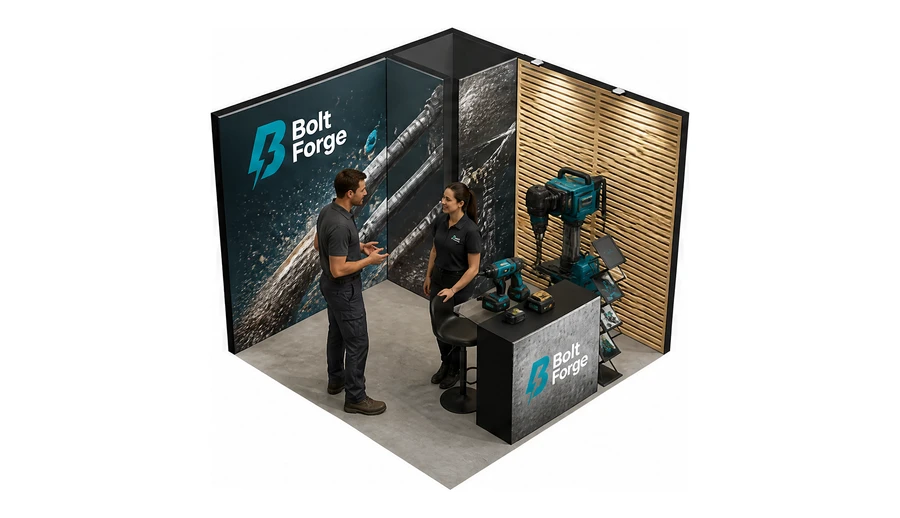 Stoisko 3 × 3 m narożne prawe dla branży elektronarzędzia, przykładowa marka Bolt Forge