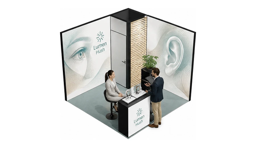 Stoisko 3 × 3 m narożne prawe dla branży optyka i audiologia, przykładowa marka Lumen Hush