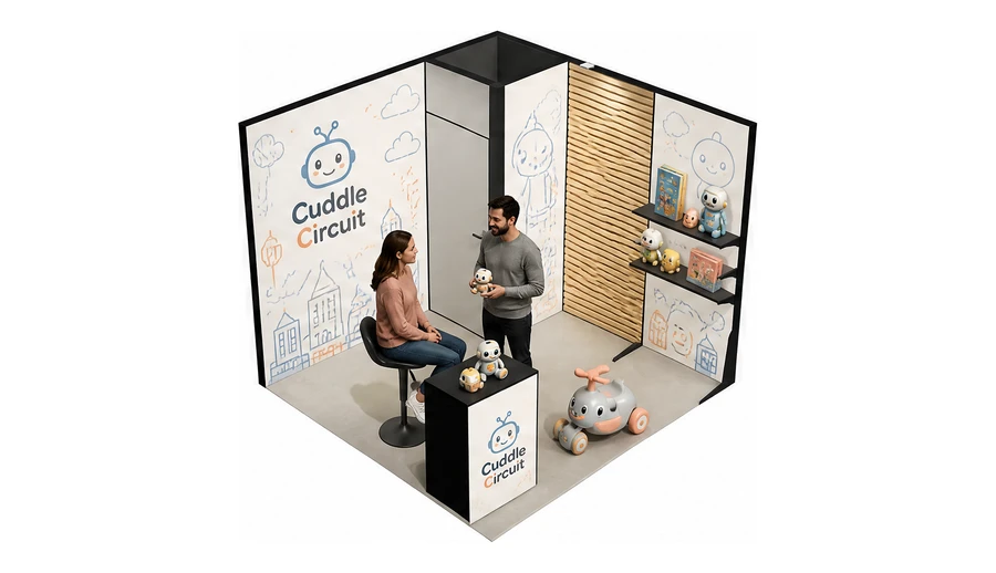 Stoisko 3 × 3 m narożne prawe dla branży zabawki i artykuły dziecięce, przykładowa marka Cuddle Circuit