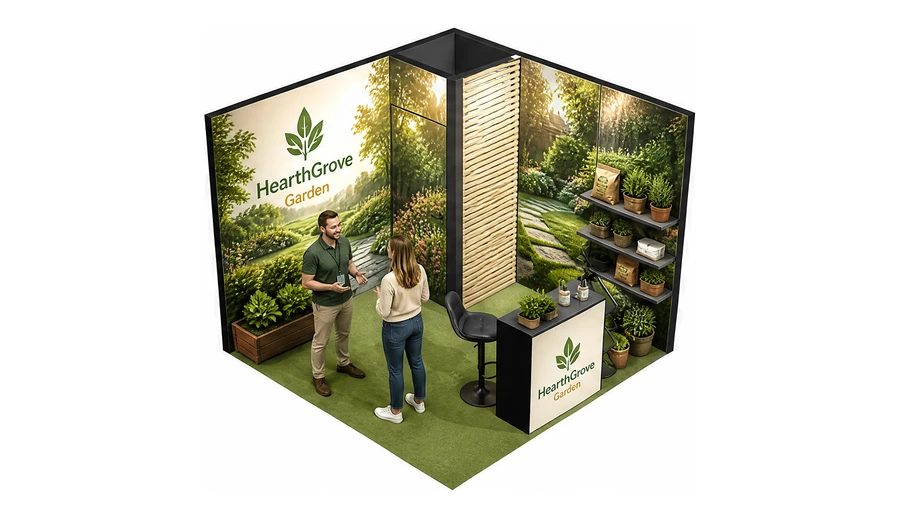 Stoisko 3 × 3 m narożne prawe dla branży ogród i architektura krajobrazu, przykładowa marka HearthGrove Garden