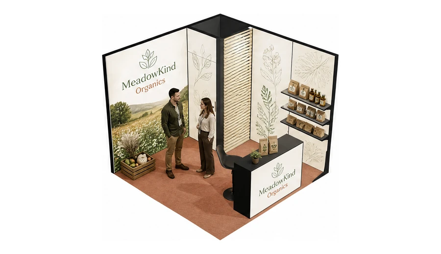 Stoisko 3 × 3 m narożne prawe dla branży żywność ekologiczna, przykładowa marka MeadowKind Organics